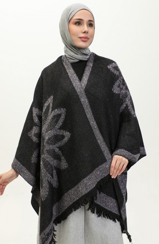 Poncho Met Bloemenpatroon 2036-03 Lila Zwart 2036-03