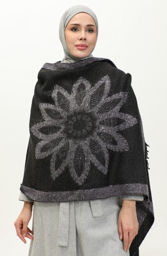 Poncho Met Bloemenpatroon 2036-03 Lila Zwart 2036-03