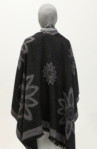 Poncho Met Bloemenpatroon 2036-03 Lila Zwart 2036-03