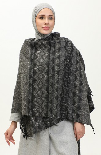 Ethnic Patterned Poncho 2039-02 Grey Black 2039-02