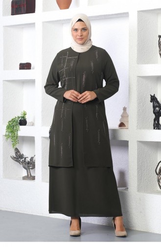 Steinbesticktes Abendkleid Khaki 6023SMR.HAK