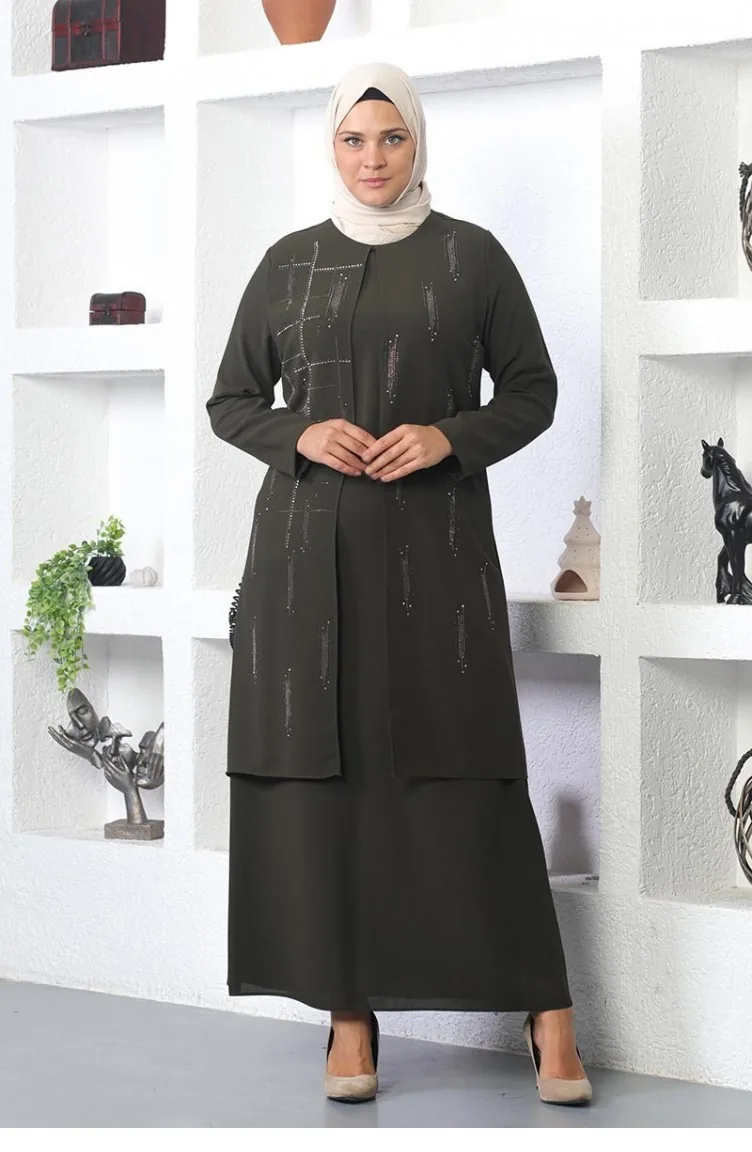 Steinbesticktes Abendkleid Khaki 6023SMR.HAK