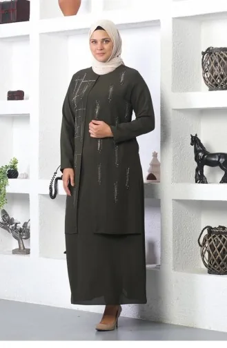 Steinbesticktes Abendkleid Khaki 6023SMR.HAK