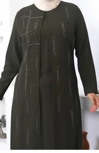 Steinbesticktes Abendkleid Khaki 6023SMR.HAK