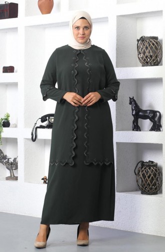 Abendkleid Mit Hijab-Stickerei In Übergröße Khaki 6032SMR.HAK