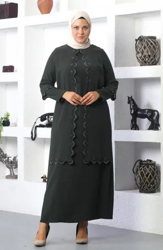 Abendkleid Mit Hijab-Stickerei In Übergröße Khaki 6032SMR.HAK