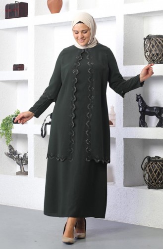 Abendkleid Mit Hijab-Stickerei In Übergröße Khaki 6032SMR.HAK