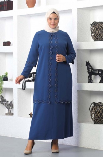 Abendkleid Mit Hijab-Stickerei In Übergröße Indigo 6032SMR.ING