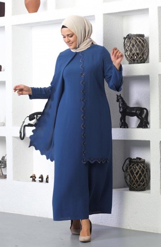 Abendkleid Mit Hijab-Stickerei In Übergröße Indigo 6032SMR.ING