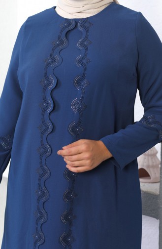 Abendkleid Mit Hijab-Stickerei In Übergröße Indigo 6032SMR.ING
