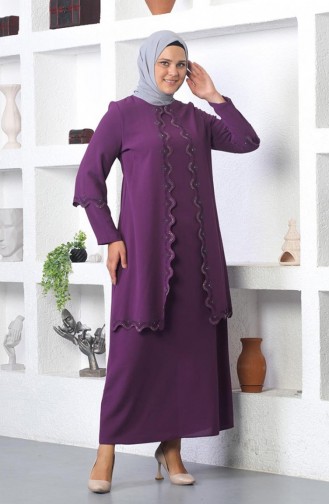 Abendkleid Mit Hijab-Stickerei In Übergröße Lila 6032SMR.MOR