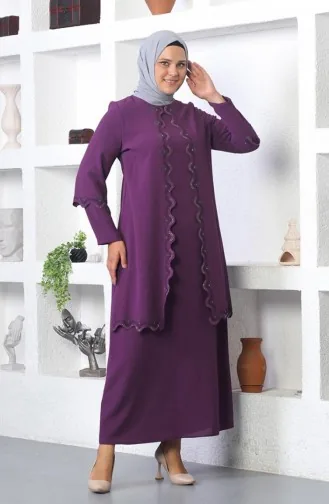 Abendkleid Mit Hijab-Stickerei In Übergröße Lila 6032SMR.MOR