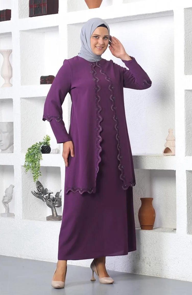 Abendkleid Mit Hijab-Stickerei In Übergröße Lila 6032SMR.MOR