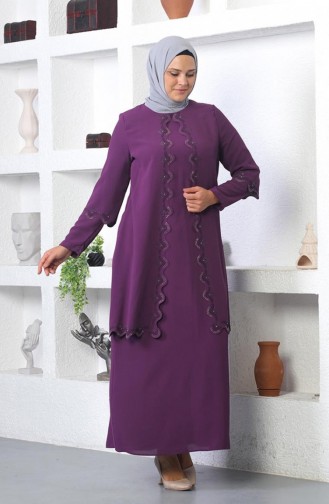 Abendkleid Mit Hijab-Stickerei In Übergröße Lila 6032SMR.MOR