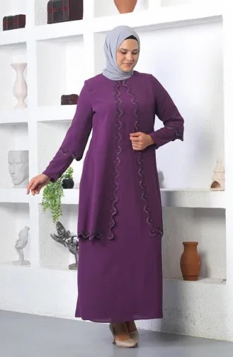 Abendkleid Mit Hijab-Stickerei In Übergröße Lila 6032SMR.MOR