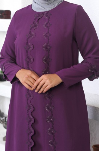 Abendkleid Mit Hijab-Stickerei In Übergröße Lila 6032SMR.MOR