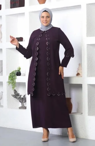 Plus Size Abendkleid Mit Hijab-Stickerei Pflaume 6032SMR.MRD