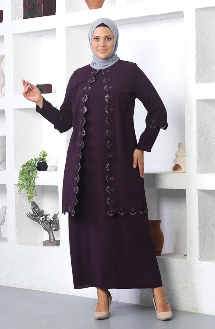 Plus Size Abendkleid Mit Hijab-Stickerei Pflaume 6032SMR.MRD