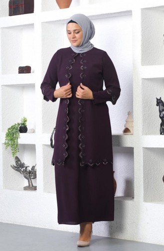 Plus Size Abendkleid Mit Hijab-Stickerei Pflaume 6032SMR.MRD