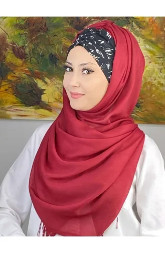 Siyah Beyaz Desenli Büzgülü Hazır Şal EKM1BZGSL1-10 Bordo
