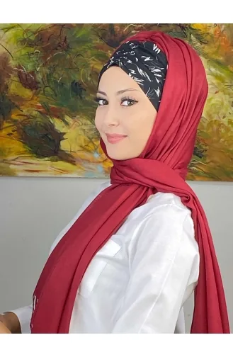 Siyah Beyaz Desenli Büzgülü Hazır Şal EKM1BZGSL1-10 Bordo