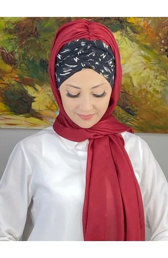 Siyah Beyaz Desenli Büzgülü Hazır Şal EKM1BZGSL1-10 Bordo