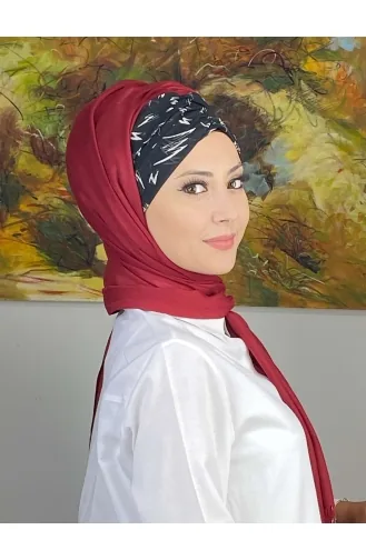 Siyah Beyaz Desenli Büzgülü Hazır Şal EKM1BZGSL1-10 Bordo