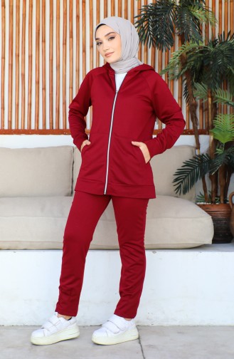Ensemble Survêtement Femme Détail Poches Et Capuche 1602 1602-03 Rouge Claret 1602-03