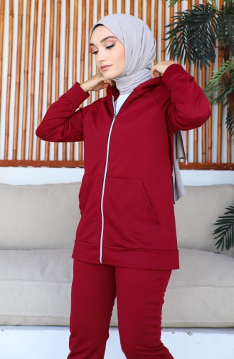 Ensemble Survêtement Femme Détail Poches Et Capuche 1602 1602-03 Rouge Claret 1602-03