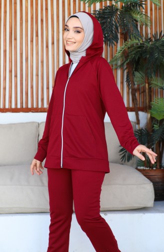 Ensemble Survêtement Femme Détail Poches Et Capuche 1602 1602-03 Rouge Claret 1602-03