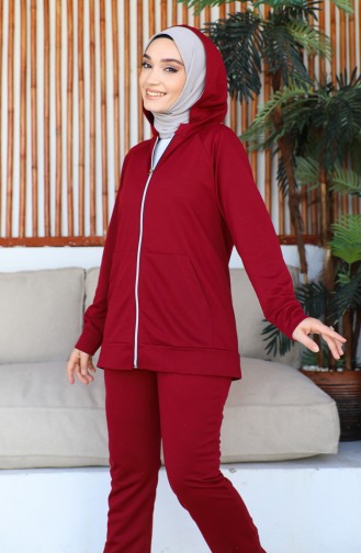 Hooded Pocket Detailed Women`s Tracksuit 1602-06 Claret Red 1602-06