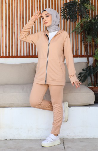 Hooded Pocket Detailed Women`s Tracksuit Set 1602 1602-04 Light Wheat 1602-04