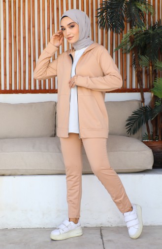 Hooded Pocket Detailed Women`s Tracksuit Set 1602 1602-04 Light Wheat 1602-04