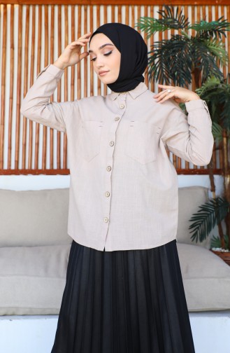 Women`s Linen Button Detailed Double Pocket Shirt 0080-01 Stone 0080-01