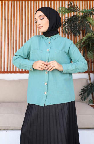 Women`s Linen Button Detailed Double Pocket Shirt 0080-02 Green 0080-02