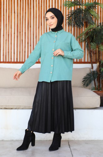 Women`s Linen Button Detailed Double Pocket Shirt 0080-02 Green 0080-02