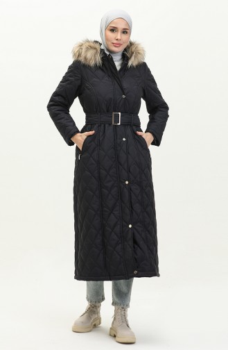 Furry Belted quilted Coat 504223a-03 Navy Blue 504223A-03