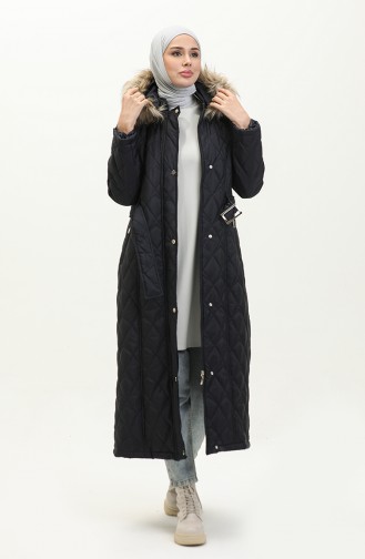 Furry Belted quilted Coat 504223a-03 Navy Blue 504223A-03