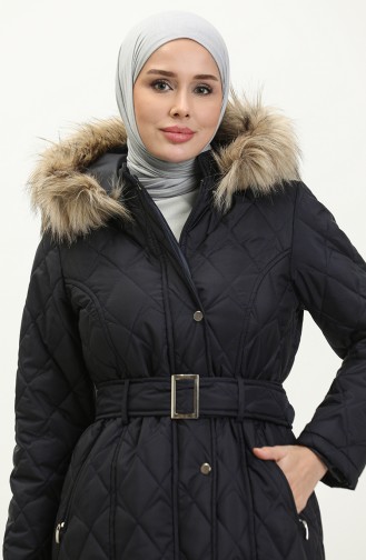 Furry Belted quilted Coat 504223a-03 Navy Blue 504223A-03