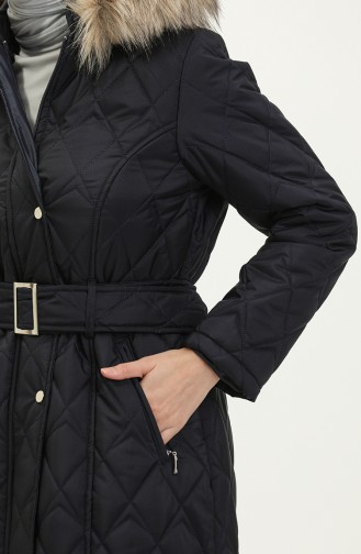 Furry Belted quilted Coat 504223a-03 Navy Blue 504223A-03