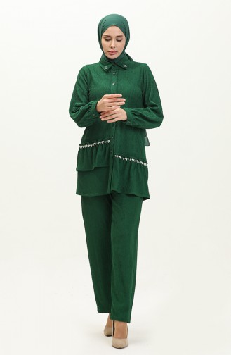 Taşlı Tunik Pantolon İkili Takım 24K9083-01 Zümrüt Yeşili