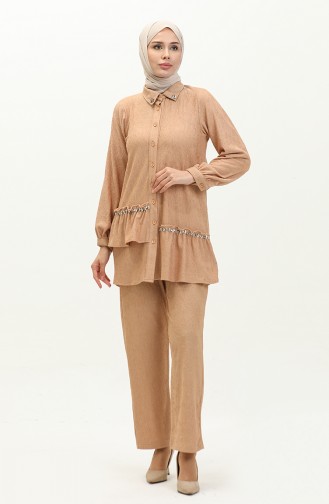 Taşlı Tunik Pantolon İkili Takım 24K9083-02 Camel