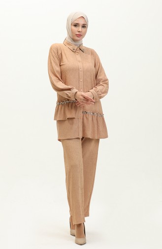 Taşlı Tunik Pantolon İkili Takım 24K9083-02 Camel