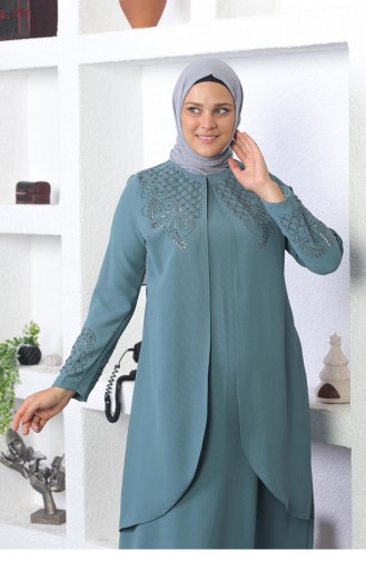 Taş İşlemeli Tesettür Abiye Elbise Mint