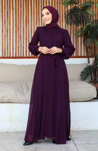 Button Detailed Chiffon Evening Dress 5695-16 Dark Purple 5695-16