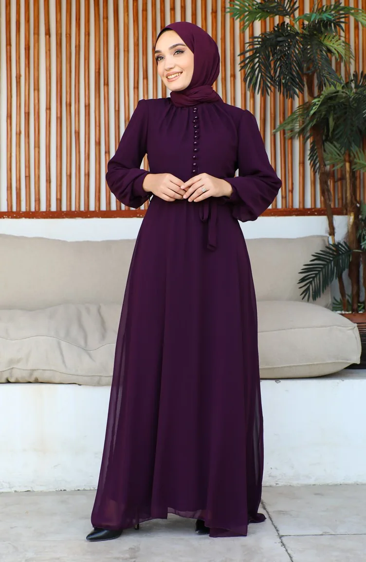 Chiffon-Abendkleid Mit Knopfdetail 5695-16 Dunkellila 5695-16