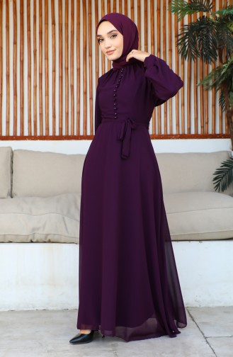 Button Detailed Chiffon Evening Dress 5695-16 Dark Purple 5695-16