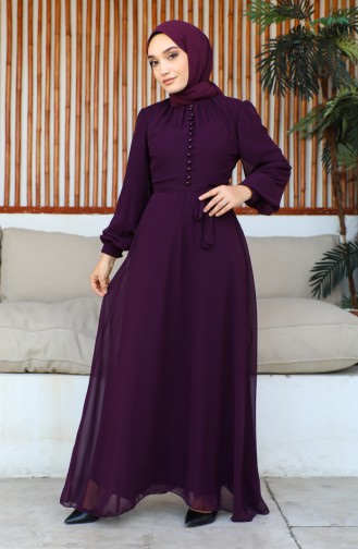 Button Detailed Chiffon Evening Dress 5695-16 Dark Purple 5695-16