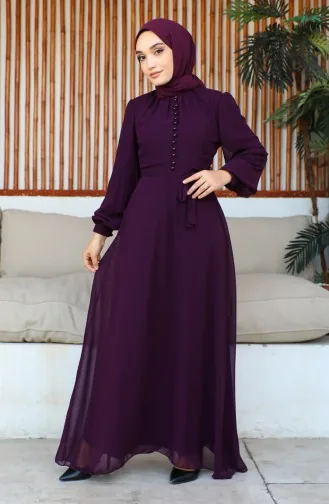 Chiffon-Abendkleid Mit Knopfdetail 5695-16 Dunkellila 5695-16