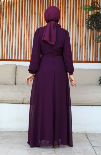 Button Detailed Chiffon Evening Dress 5695-16 Dark Purple 5695-16